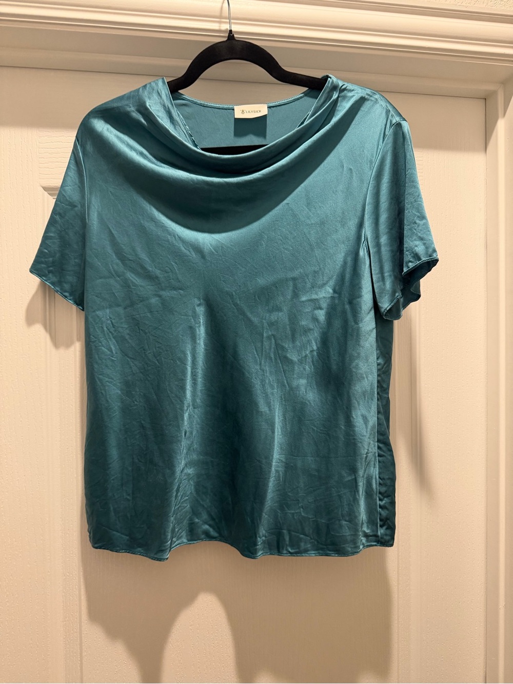 LILYSILK 100% Mulberry Silk Teal Cowl Neck Short Sleeve Blouse US 8 - Picture 2 of 6